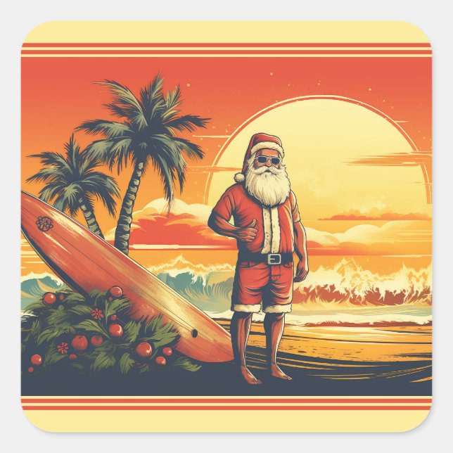 Pegatina Cuadrada Navidades de Santa Surfing Retro Beach personaliza (Anverso)