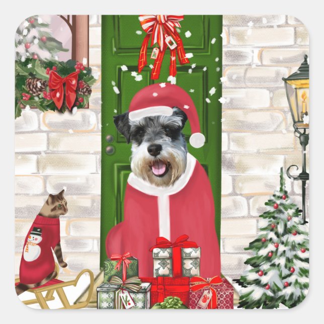 Pegatina Cuadrada Navidades de Schnauzer Dog (Anverso)