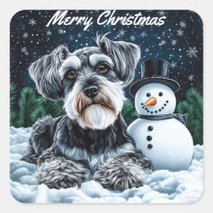 Pegatina Cuadrada Navidades de Schnauzer y Snowman
