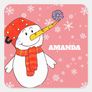 Pegatina Cuadrada Navidades de Snowman y Snowflakes