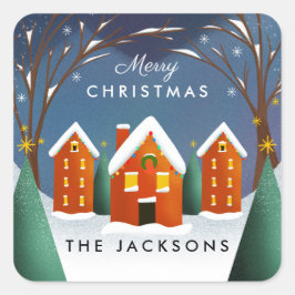 Pegatina Cuadrada Navidades de Snowy Village Winter Scene