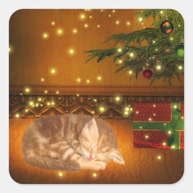Pegatina Cuadrada Navidades de Tabby Kitty (Anverso)