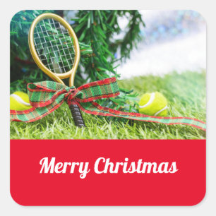 Pegatina Cuadrada Navidades de tenis con pelota y raqueta en el árbo