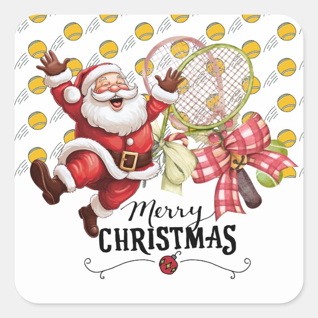 Pegatina Cuadrada Navidades de tenis con Santa Claus en bolas (Anverso)