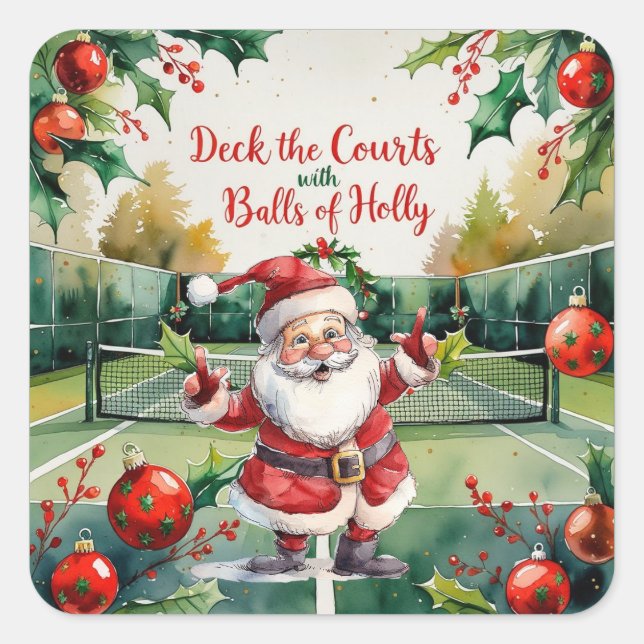 Pegatina Cuadrada Navidades de tenis con Santa Claus en la corte (Anverso)