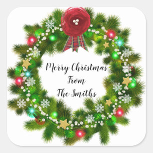 Pegatina Cuadrada Navidades de texto de Personalizado lindo Wreath d