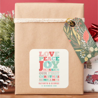 Pegatina Cuadrada Navidades de tipografía de colores de Love Peace J