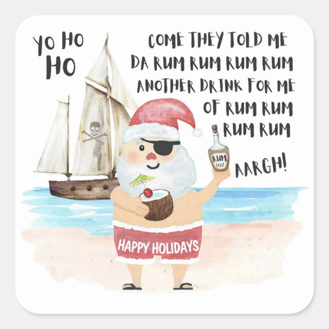 Pegatina Cuadrada Navidades de Uho Ho Pirate Santa Ship Rum (Anverso)