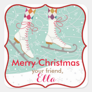 Pegatina Cuadrada Navidades de vacaciones en patinaje sobre hielo Pe