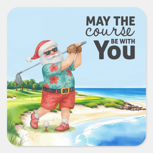 Pegatina Cuadrada Navidades de verano de golf con Santa Claus Golfin (Anverso)