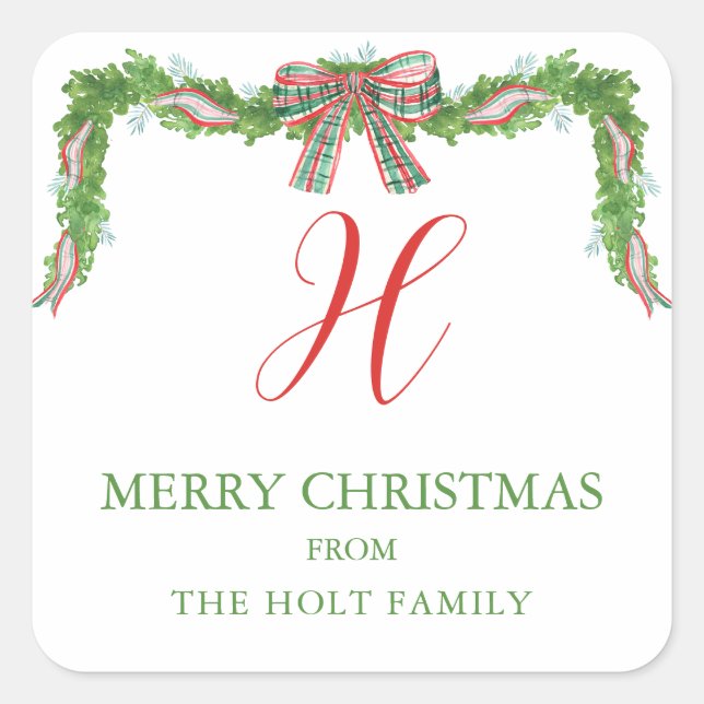 Pegatina Cuadrada Navidades de Watercolor Plaid Bow Garland (Anverso)