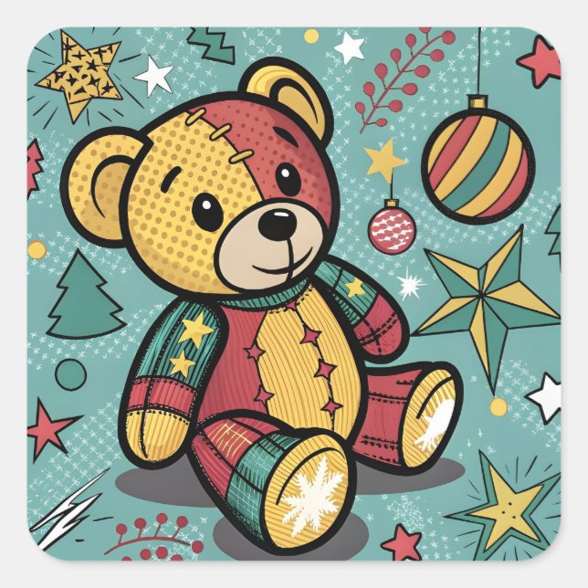 Pegatina Cuadrada Navidades de Whimsical Patchwork Teddy Bear (Anverso)