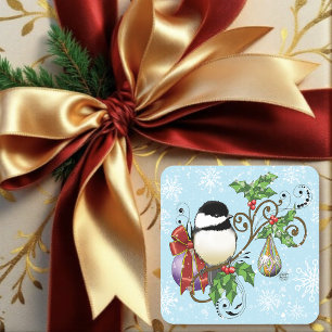 Pegatina Cuadrada Navidades de Winter Chickadee