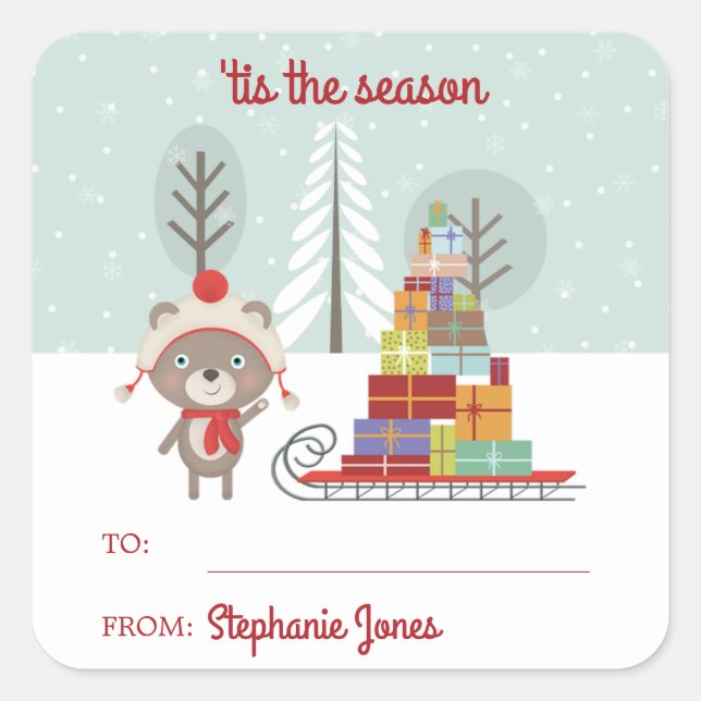 Pegatina Cuadrada Navidades de Woodland Bear (Anverso)