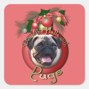 Pegatina Cuadrada Navidades - Deck the Halls - Pugs