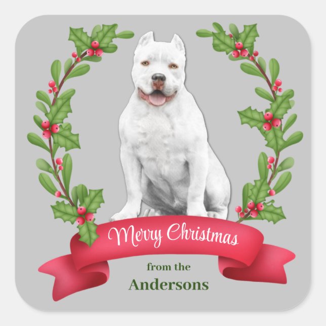 Pegatina Cuadrada Navidades del Bulldog Holly Banner White Pit (Anverso)