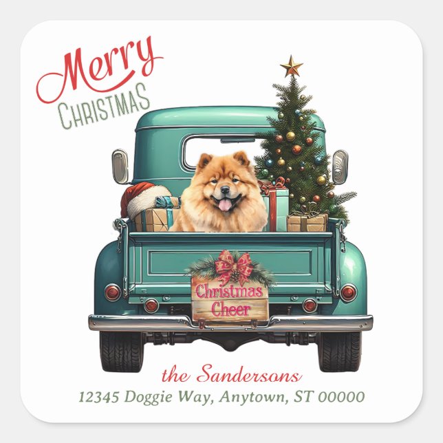 Pegatina Cuadrada Navidades del Camión Retro Chow Chow Dog (Anverso)