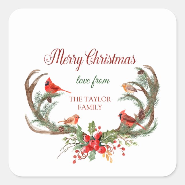 Pegatina Cuadrada Navidades del cardenal de renos acuarela Antler (Anverso)