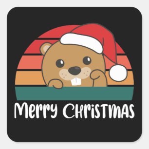 Pegatina Cuadrada Navidades del castor de Feliz Navidad Retro
