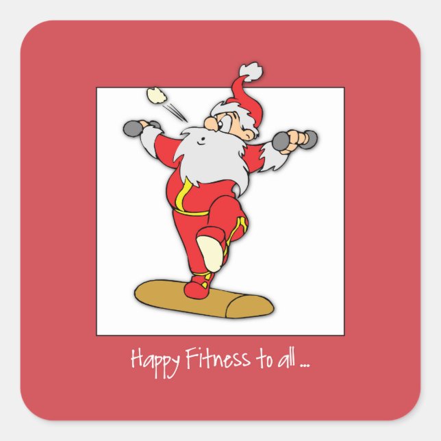 Pegatina Cuadrada Navidades del ejercicio de fitness feliz con Santa (Anverso)