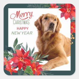 Pegatina Cuadrada Navidades del Golden Retriever Poinsettia Bouquet