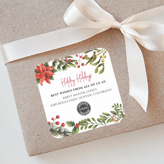 Pegatina Cuadrada Navidades del logotipo de negocios botánicos de Ha (Botanical Red Berries Business Logo Happy Holidays Christmas Square Sticker)