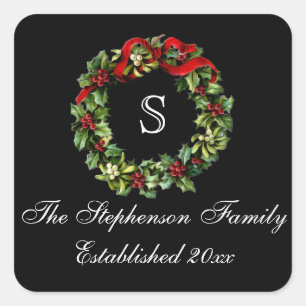 Pegatina Cuadrada Navidades del Monograma Classic Holly Wreath Perso