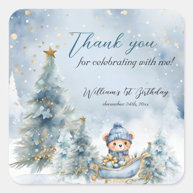 Pegatina Cuadrada Navidades del oso primer invierno de cumpleaños (Anverso)