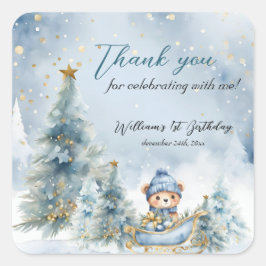 Pegatina Cuadrada Navidades del oso primer invierno de cumpleaños