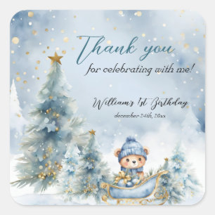 Pegatina Cuadrada Navidades del oso primer invierno de cumpleaños