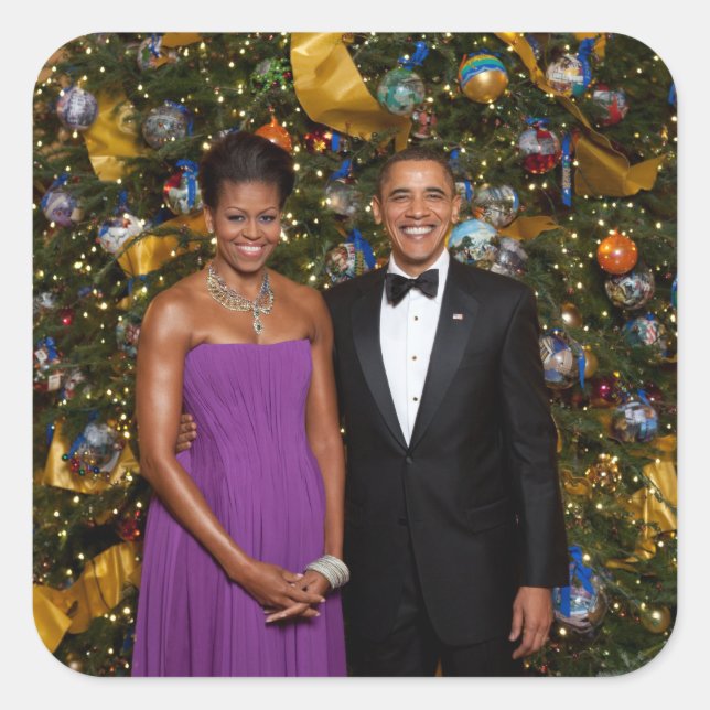 Pegatina Cuadrada Navidades del presidente Barack Obama y Michelle (Anverso)
