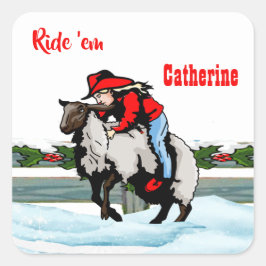 Pegatina Cuadrada Navidades del Rodeo Niña Niña Mutton Buster
