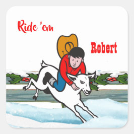 Pegatina Cuadrada Navidades del Rodeo Occidental de Cowboy Kid Mutto