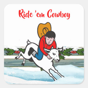 Pegatina Cuadrada Navidades del Rodeo Occidental Kid Mutton Buster