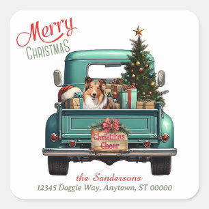 Pegatina Cuadrada Navidades del Shetland Sheepdog Retro Truck