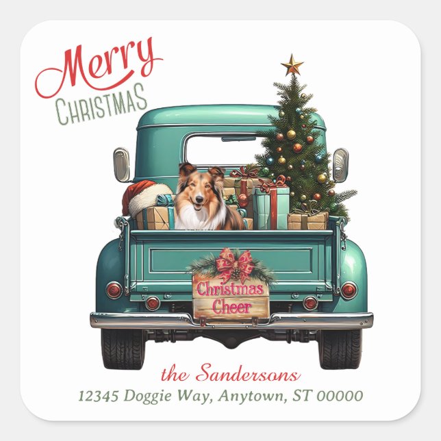 Pegatina Cuadrada Navidades del Shetland Sheepdog Retro Truck (Anverso)