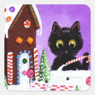 Pegatina Cuadrada Navidades divertidos Cat Gingerbread House Creatio