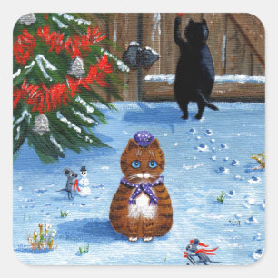 Pegatina Cuadrada Navidades divertidos gatos y ratones creativos