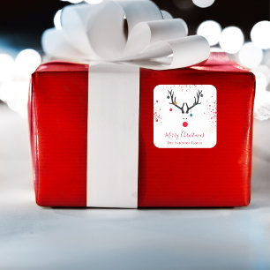 Pegatina Cuadrada Navidades divertidos modernos renos purpurina rojo