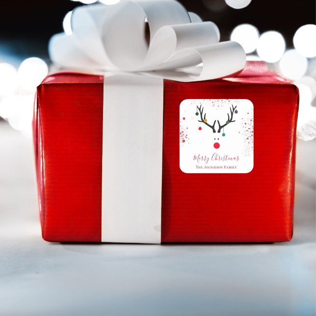 Pegatina Cuadrada Navidades divertidos modernos renos purpurina rojo (Subido por el creador)