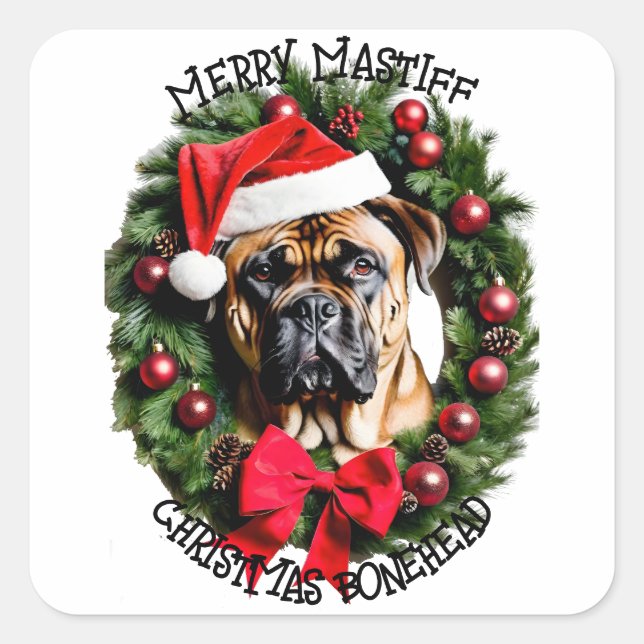Pegatina Cuadrada Navidades divertidos Santa Bull Mastiff Personaliz (Anverso)