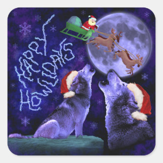 Pegatina Cuadrada Navidades divertidos Wolf Pun Felíz Humor de Howli