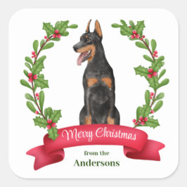 Pegatina Cuadrada Navidades Doberman Pinscher, Banner Red Berry Holl