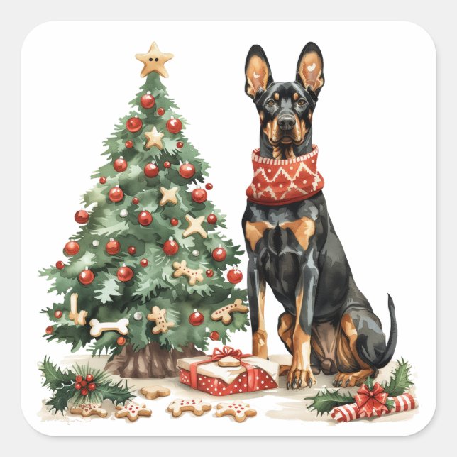 Pegatina Cuadrada Navidades Dobermann Dogs (Anverso)