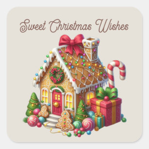 Pegatina Cuadrada Navidades dulces desean casa de pan de jengibre