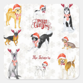 Pegatina Cuadrada Navidades dulces Santa hat Dogs Monograma