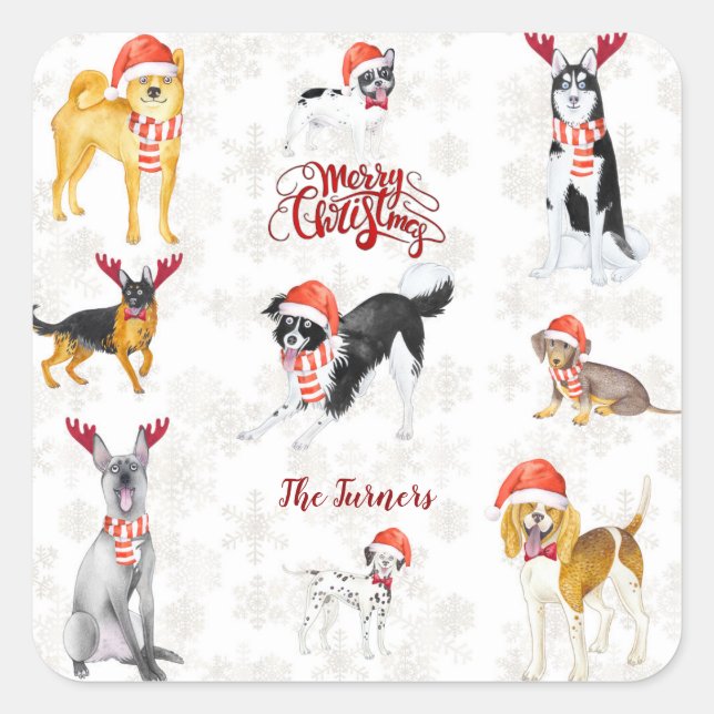 Pegatina Cuadrada Navidades dulces Santa hat Dogs Monograma (Anverso)