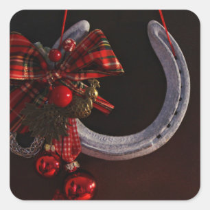 Pegatina Cuadrada Navidades ecuestres colgando foto de herradura