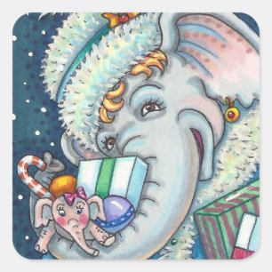 PEGATINA CUADRADA NAVIDADES ELEFANTES, TRUNCABLES DE REGALOS Y BUENA