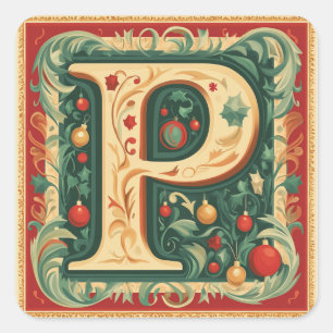 Pegatina Cuadrada Navidades elegantes Carta P: Rojo y Oro